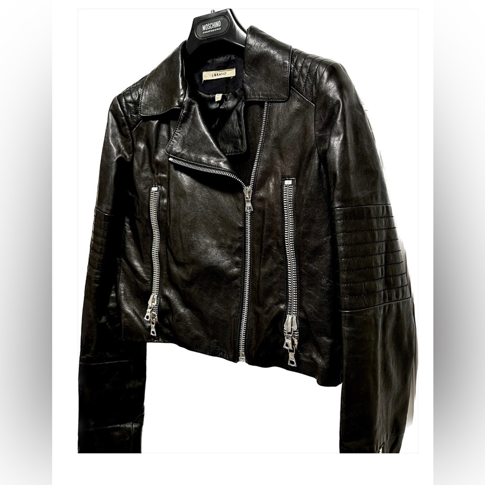 J BRAND Black Leather Aiah Moto Cropped Jacket